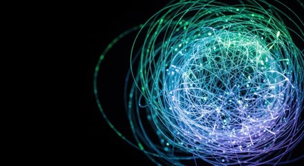 Woven abstract light strands on dark backdrop forming optical fiber structure. Abstract light displays luminous threads resembling interconnected network for communication technologies.