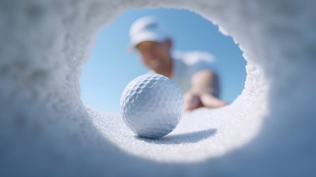 Dramatic close up from within a golf hole focusing on a dimpled white ball on the sand as a blurred golfer s hand reaches out hinting at a successful shot under a bright sky