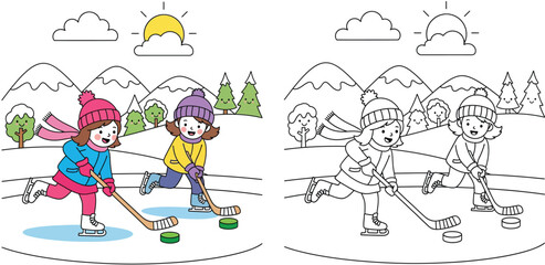 Coloring book page for kids with colored example, cute happy children playing ice hockey on frozen pond, winter landscape with mountains and trees vector illustration