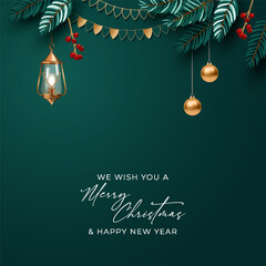 Christmas and New Year Banner. Beautiful Christmas greeting banner with vintage lamp, garland of flags and toys decorations