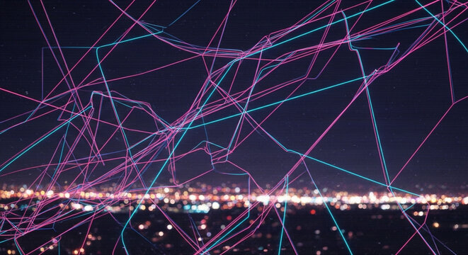 Futuristic data network lines connecting over illuminated urban city at dark night