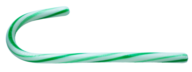 Green and white candy cane for Christmas isolated on a transparent png background.