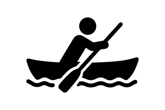 Black and white pictogram of a person paddling a canoe or kayak on water. - Powered by Adobe