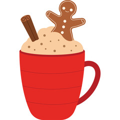 Festive Red Mug Filled With Creamy Hot Chocolate Topped With A Gingerbread Man And Cinnamon Stick Isolated On A Transparent Background