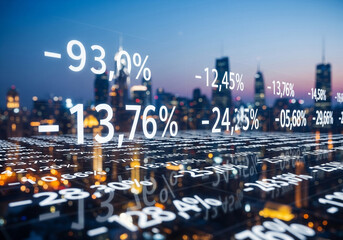 Digital stock market data over cityscape at twilight