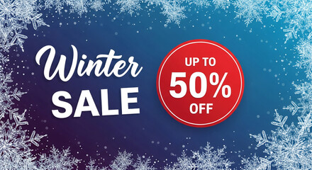 Blue gradient backdrop with snowflake border. The message "Winter Sale" and "Up to 50% Off" are displayed, representing promotion and seasonal discount