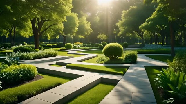 Serene Manicured Garden With Winding Paths And Lush Greenery In Sunlight architecture beautiful