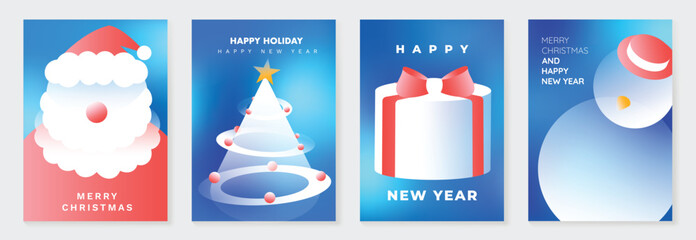 Naklejka premium Christmas and Happy New Year vector illustration with soft gradient colors, festive ornaments, trees and holiday elements — elegant design for cards, posters and prints.