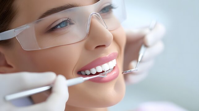 Close up of a happy woman undergoing a dental check up with a dentist s mirror and scaler examining her bright healthy smile and clean teeth while wearing safety glasses