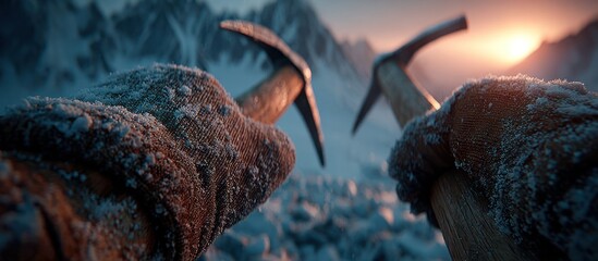 First-person perspective of hands in frosty gloves holding two ice axes against a majestic snowy mountain range at golden hour.
