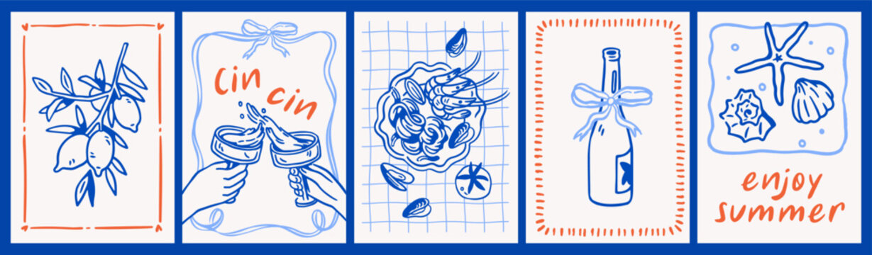 Dolce Vita holiday posters set. Italian summer vacation cards in retro doodle style with outline drawings. Lemons, cocktail, sea food, limoncello and seashells in frame. Hand-drawn vector illustration