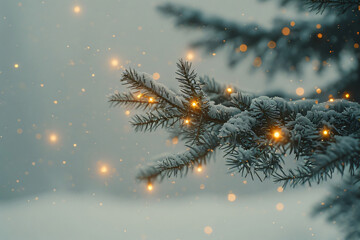 christmas tree with lights, snow and green leaves