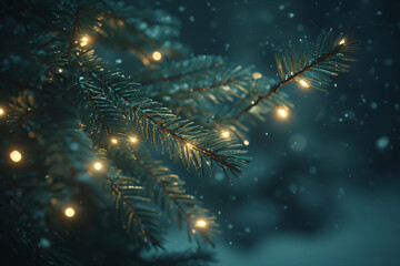 christmas tree with lights, snow and green leaves
