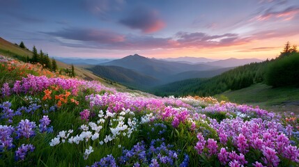 An expansive mountain vista showcases a lush meadow carpeted with diverse wildflowers in pink purple and orange hues set against a serene sky at dusk