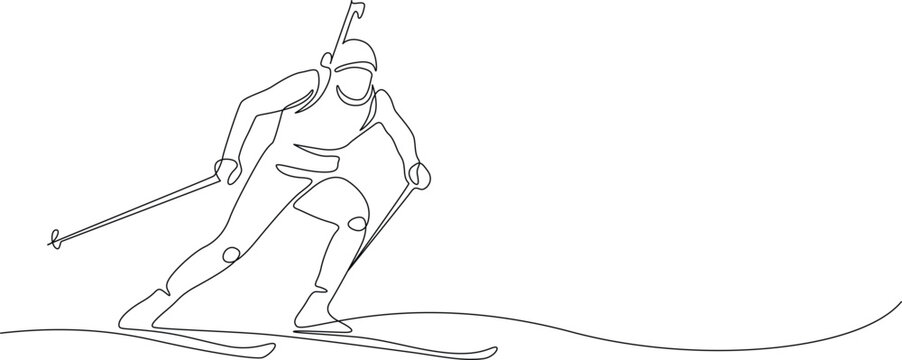 Continuous line art illustration of a biathlon athlete skiing and aiming a rifle, ideal for winter sports