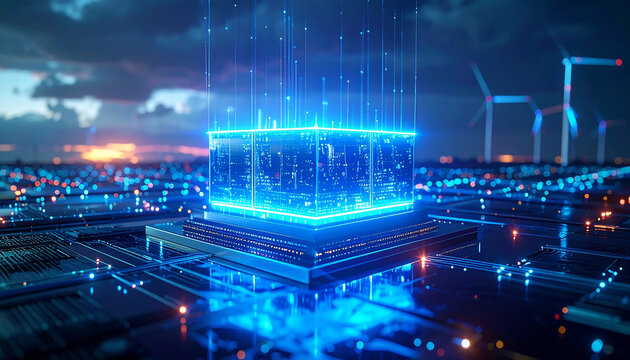 Digital Beacon of Innovation: A striking depiction of a digital network illuminating the future, with a powerful symbol of technology, set against the backdrop of wind turbines. - Powered by Adobe