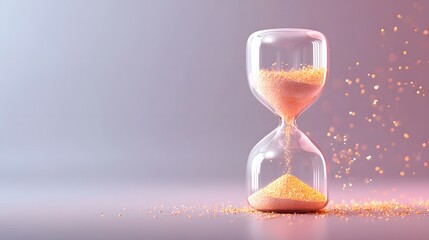 An ic depiction of a clear glass hourglass in motion with golden sand flowing to mark the passage of time representing concepts like deadlines du n and ephemeral moments