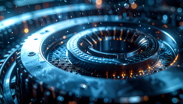Technological Core: Detailed close-up of a complex machine component, an intricate technological marvel with a futuristic look and feel. The scene focuses on the technological aspects.