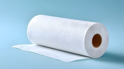 Fototapeta premium A textured white paper towel roll lies on a light blue surface with a single sheet unrolled highlighting its absorbency and household utility