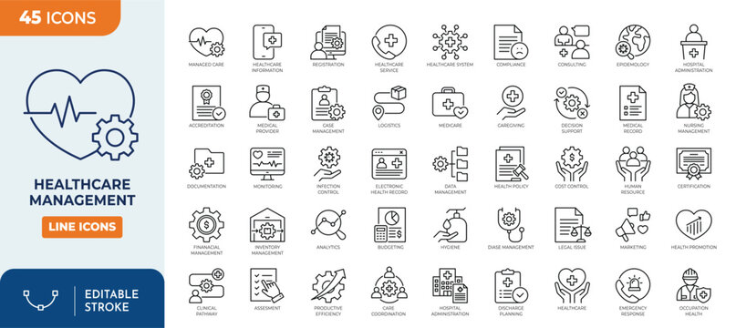 Healthcare management line editable icon set. Containing administration, certification, control, medical, compliance, coordination, and more. Editable stoke. Vector illustration
