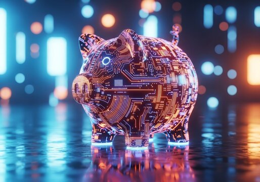 Digital piggy bank with circuit board design on a reflective surface and blurred light background