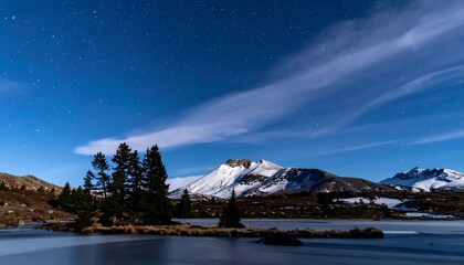 Nightscape of snowy mountain range with lake and starry sky