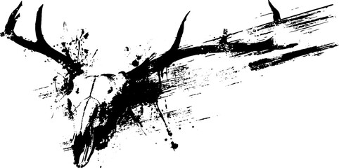 Black ink splatter deer skull silhouette design for posters and tattoos