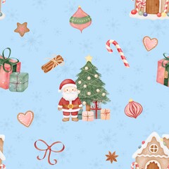 Watercolor Christmas seamless pattern with santa, gifts, gingerbread house and festive winter elements