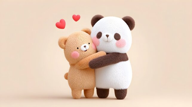 Charming 3D illust n of a teddy bear and panda in a loving embrace with red hearts signifying their deep bond  Perfect for themes of connection and care