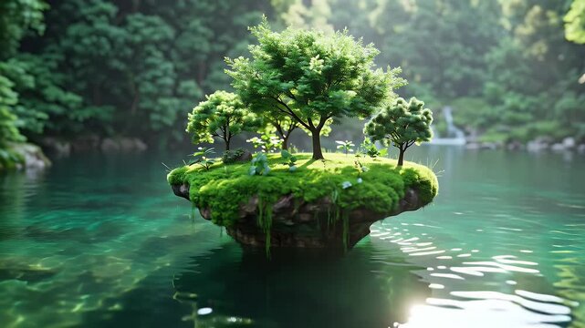 Tiny moss-covered island with lush trees emerging from a tranquil emerald lake
