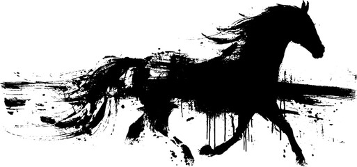 Dynamic horse silhouette in black ink splatter for art and design