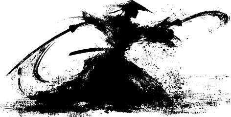 Samurai warrior katana silhouette with dynamic black ink splatter