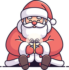 Cute cartoon Santa Claus sitting and holding a magical glowing Christmas gift, a festive holiday vector illustration for the winter season