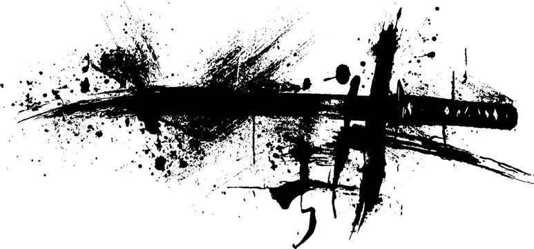 Black ink katana silhouette with grunge splatter for minimalistic japanese design