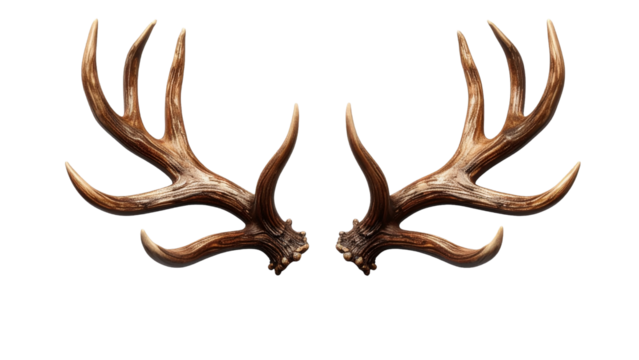 Realistic reindeer antler pair, isolated, transparent background, clean cut edges