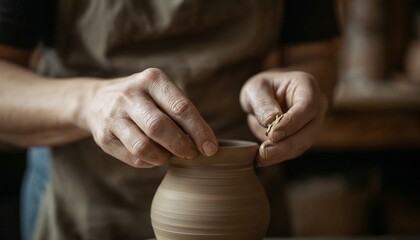An artisan potter in their workshop, focused on their craft, showing the friction and mess of creation with clay on their hands and apron, tools scattered on the workbench, warm, rustic lighting,