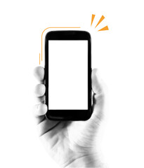 Trendy halftone collage man hand holding smartphone.Modern retro collage element with scrapbooking halftone effect with hand holding smartphone 