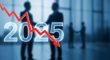 Red arrow pointing downward over 2025 year text. Economic crisis concept with chart illustrating financial collapse and declining growth for business.