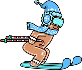 Groovy Gingerbread Man Skiing Winter Illustration