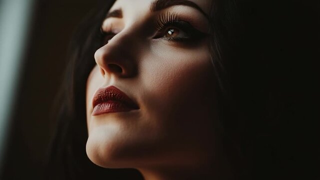 Close-up portrait of a woman with dark hair and dramatic makeup