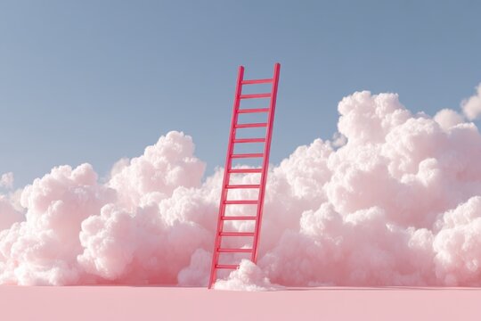 step ladder leading to clouds . growth, future, development concept. minimal pink compostition.