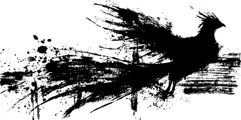 Obraz premium Black ink phoenix silhouette with grunge splatter for artistic tattoo design