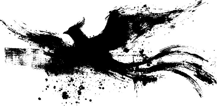 Majestic phoenix in black ink splatter silhouette for artistic design projects