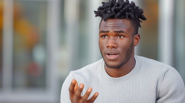 Young man in light gray sweater speaking with expressive hand gesture, thoughtful and focused expression, soft daylight and blurred urban background, concept of communication and expression - Powered by Adobe