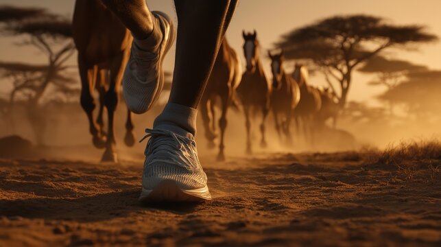 Close-up of runner's shoes with horses in motion blurred behind them on African savannah at sunrise capturing powerful steps and speed.