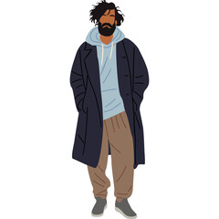 Full Body Vector Portrait Of A Bearded Man Wearing A Navy Blue Trench Coat Over A Light Blue Hoodie And Tan Jogging Pants With Gray Sneakers Standing Against A White Background