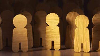 Close-up shot of human-shaped wooden figures 3D render