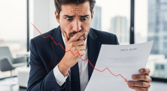 Caucasian man reacting to financial report with red falling graph overlay, concept of economic crisis, recession, or market decline.