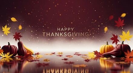 a festive thanksgiving background showcases vibrant pumpkins and falling autumn leaves sparkling with a gentle glow and a reflective surface high quality professional detailed modern elegant