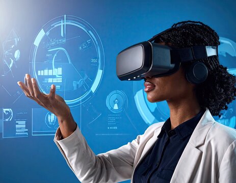 Woman in Virtual Reality Headset Interacting with Futuristic Interface - Powered by Adobe